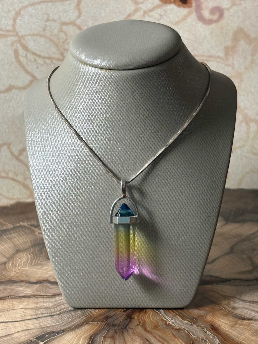 Crystal Point Rainbow Prism Resin Silver Tone Pendant